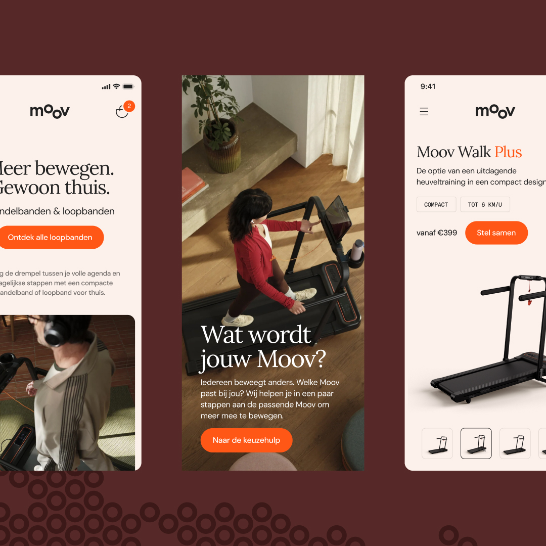 Moov mobile app and website redesign concepts featuring clean UI, fitness programs, and modern wellness branding.