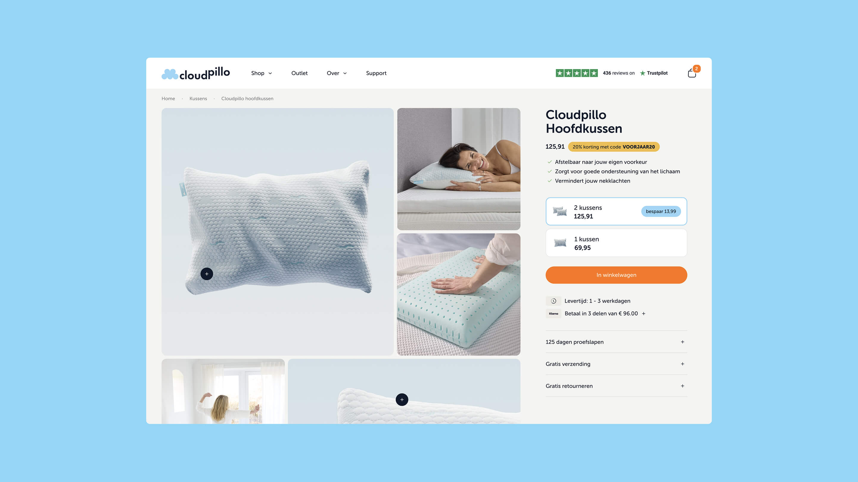 Cloudpillo product detail page on desktop showing adjustable pillow features, pricing, and benefits