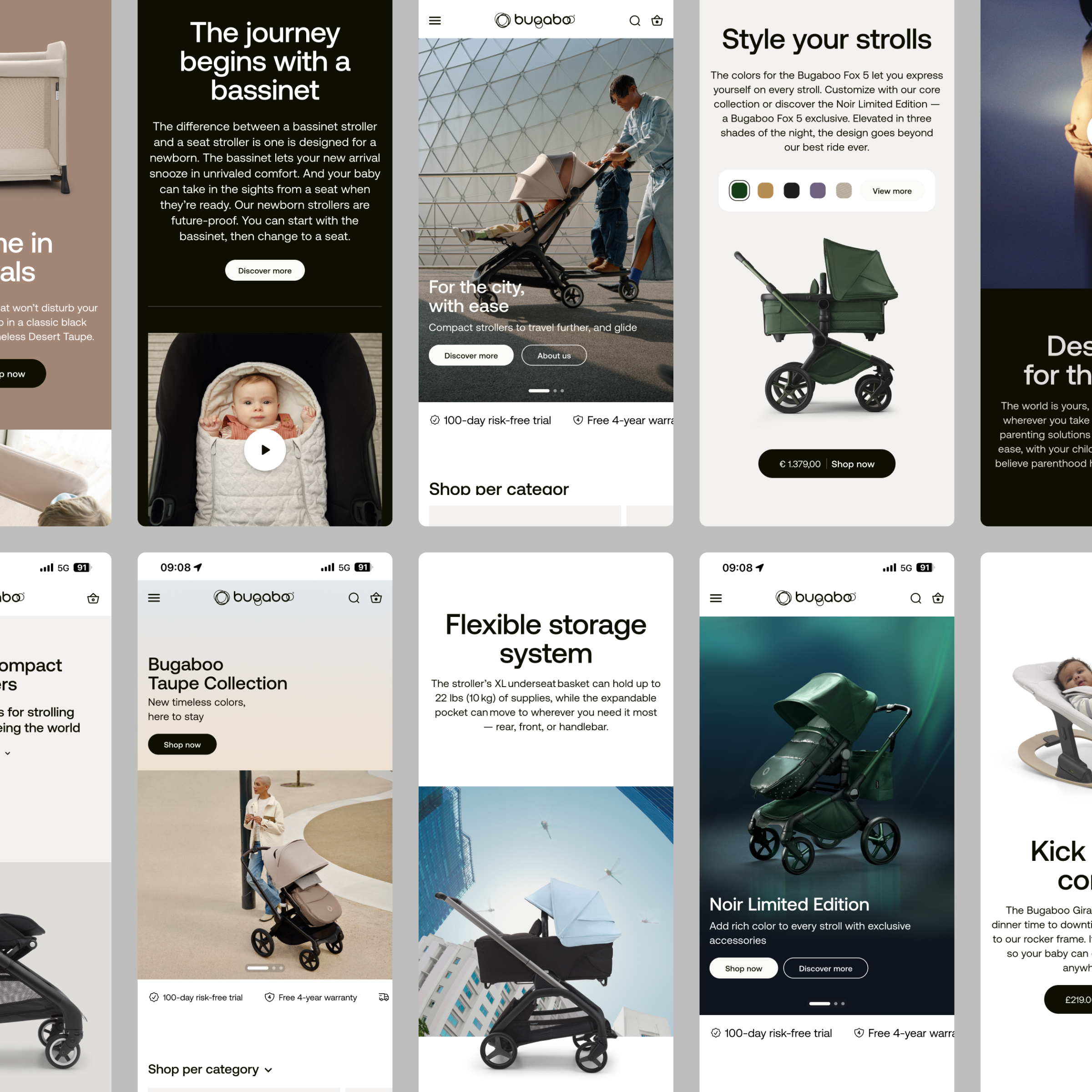 Overview of Bugaboo mobile design screen layouts