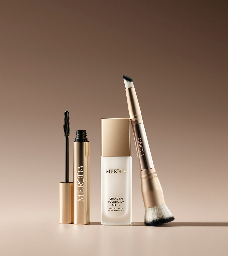 eroda Cosmetics makeup products including brush and mascara displayed in a minimal studio setting